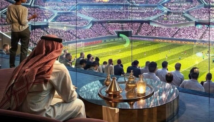Aerial concept rendering of Saudi Arabia’s futuristic floating stadium, suspended high inside NEOM’s The Line megacity.