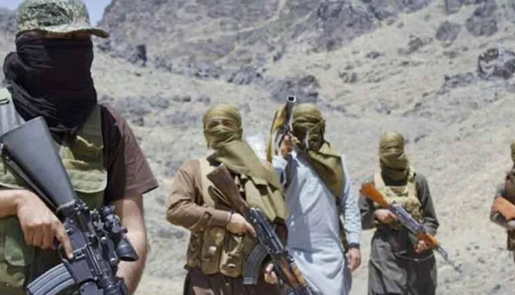 Dozens of people, including armed men, stand on a war-damaged building in Bajaur during a military operation.