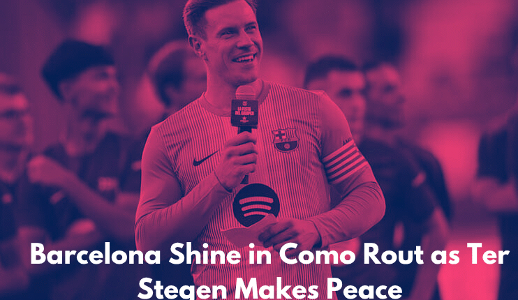 Barcelona players celebrate a goal against Como in the Joan Gamper Trophy match