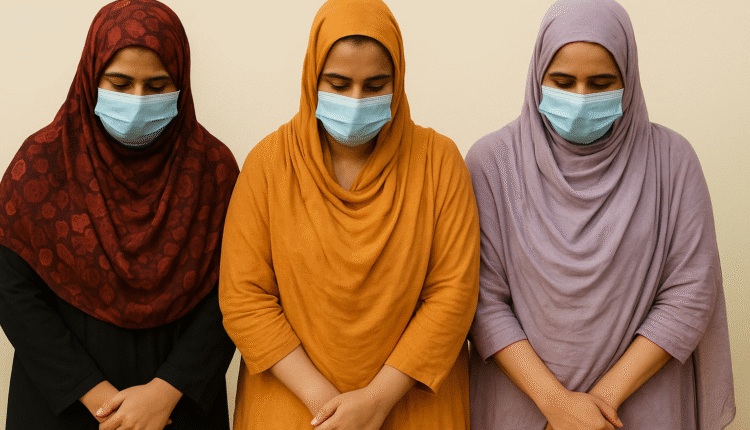 Three women wearing colorful hijabs and face masks standing side by side with heads bowed and hands clasped."