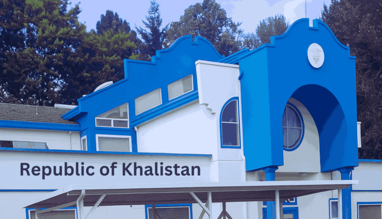 Exterior view of the ‘Embassy of Khalistan’ inside the Guru Nanak Sikh Gurdwara in Surrey, British Columbia, with a Republic of Khalistan sign.