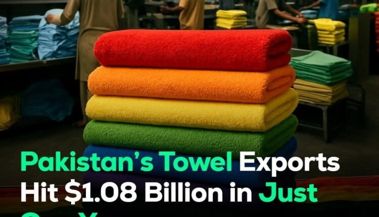 Stacks of colorful towels and ready-made garments representing Pakistan’s growing textile export sector in 2025.
