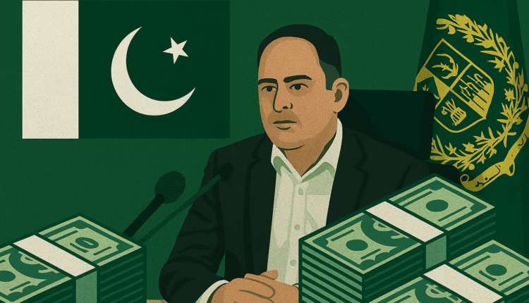 A digital illustration of a Pakistani government official in a suit sitting at a desk with microphones, flanked by Pakistani flags and stacks of US dollar bills in the foreground.