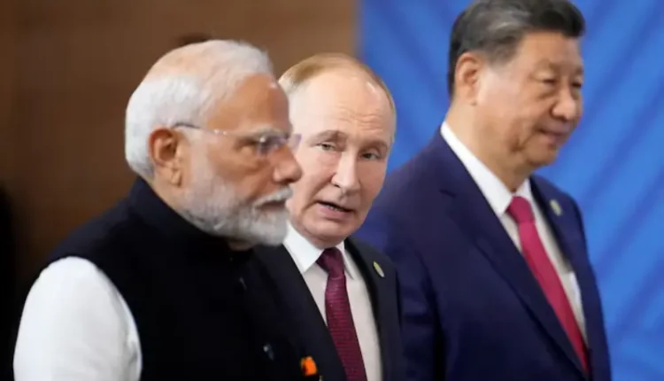 Xi Jinping, Vladimir Putin, and Narendra Modi at SCO summit in China highlighting global cooperation and unity