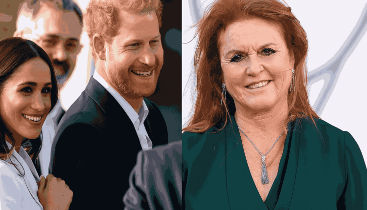 Meghan Markle and Prince Harry smiling together outdoors, alongside Sarah Ferguson in a green dress at an event.