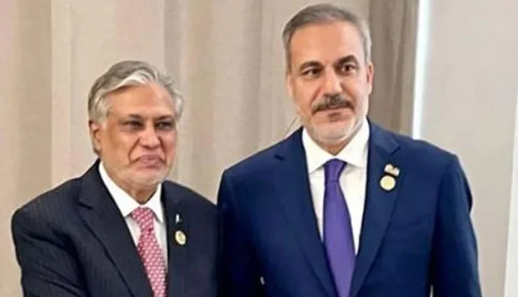 Ishaq Dar with Turkish Foreign Minister Hakan Fidan discussing Gaza crisis and Pakistan–Türkiye relations.
