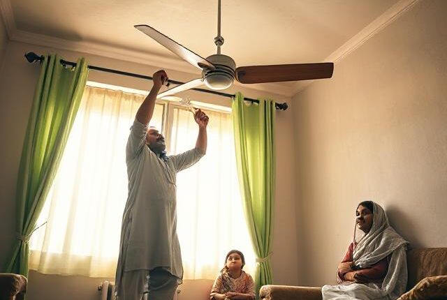 Pakistani man replacing old ceiling fan with modern energy-efficient fan to save electricity and reduce energy crisis.