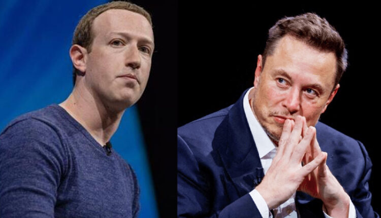 Elon Musk and Mark Zuckerberg looking serious at a tech conference, representing their discussed AI investment deal.