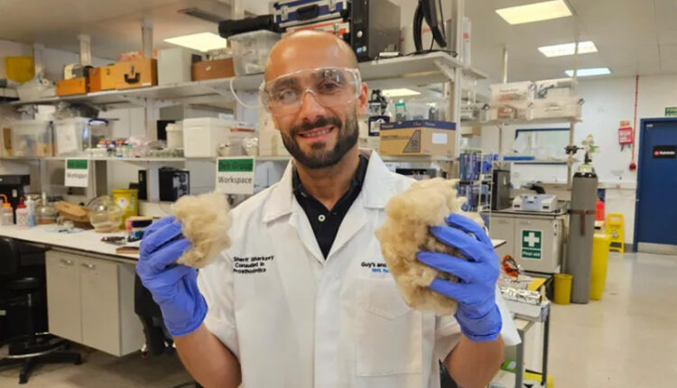 A close-up image showing a tooth being brushed with the new keratin-based toothpaste.