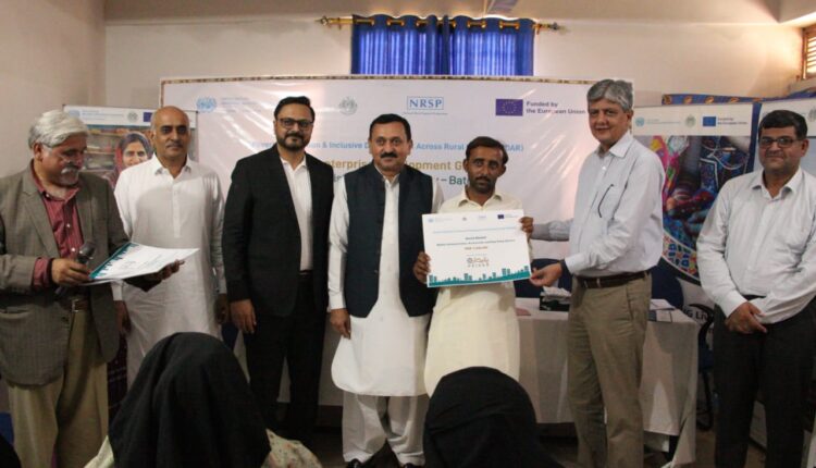 Officials and smiling local entrepreneurs pose with grant cheques at a PAIDAR program event in Sujawal.
