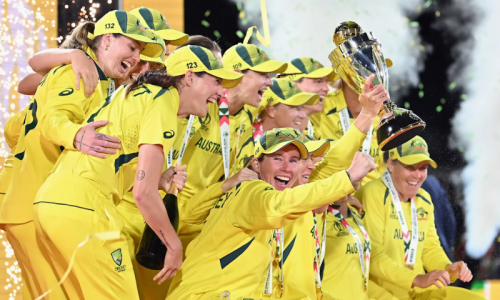 The ICC Women’s Cricket World Cup trophy surrounded by diverse female cricketers, symbolizing growth and equality in sports.