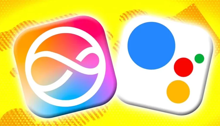 Graphic showing Siri and Google Gemini logos merging, with speech bubbles and search icons indicating AI-powered collaboration.