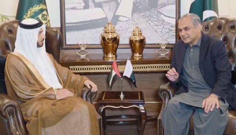 Pakistan's Interior Minister and the UAE's anti-narcotics chief shaking hands at a meeting.