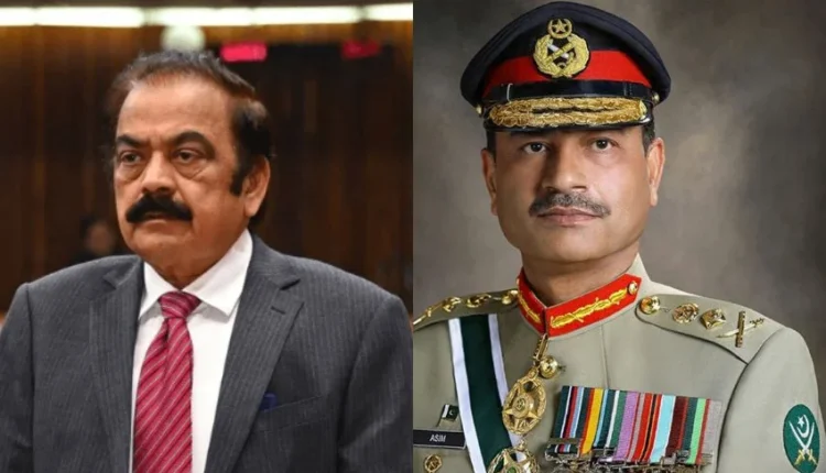 Federal Minister Rana Sanaullah addresses journalists at a press conference on military leadership.