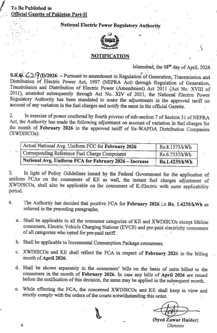 Nepra increases electricity tariff by Rs1.42 per unit for February fuel cost. April bills will show charges for K-Electric and other distributors.